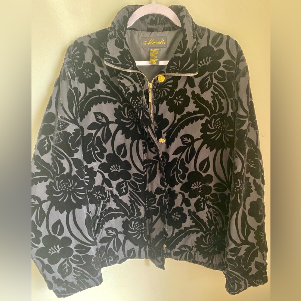 Vintage Bomber Jacket in Black Velvet Floral with Gold Buttons Zip Up by Mureli
